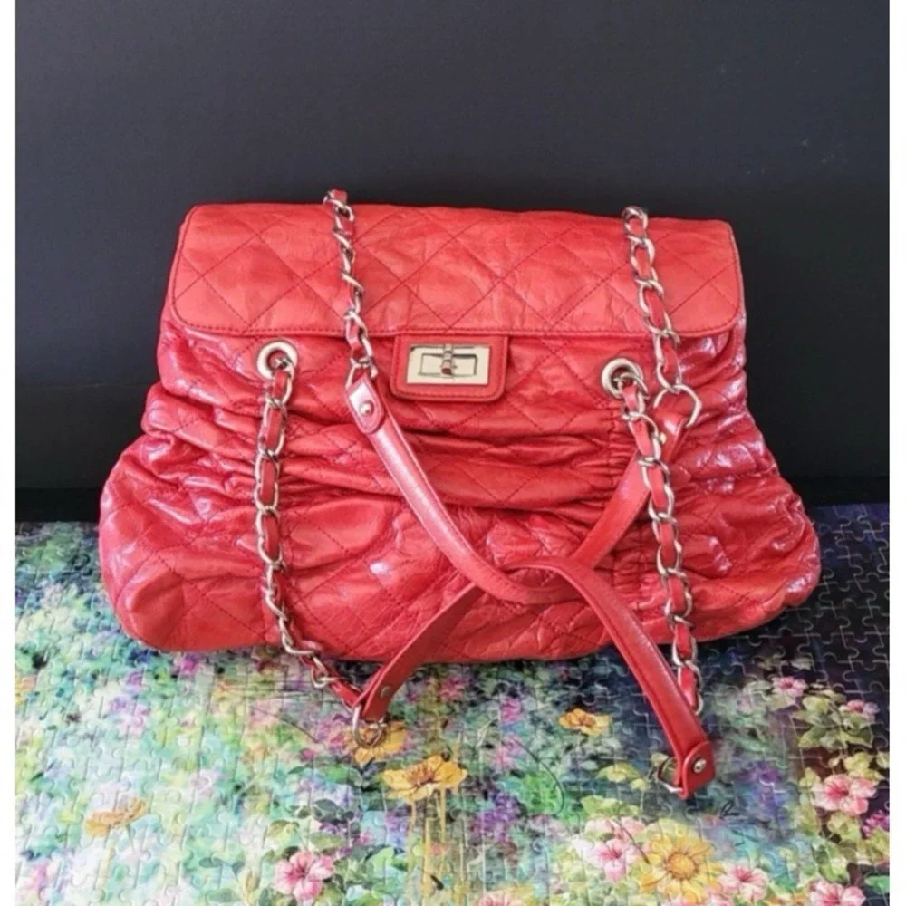 Red Quilted Stitched Fold Over Shoulder Bag Silver Hardware Double Handled Purse